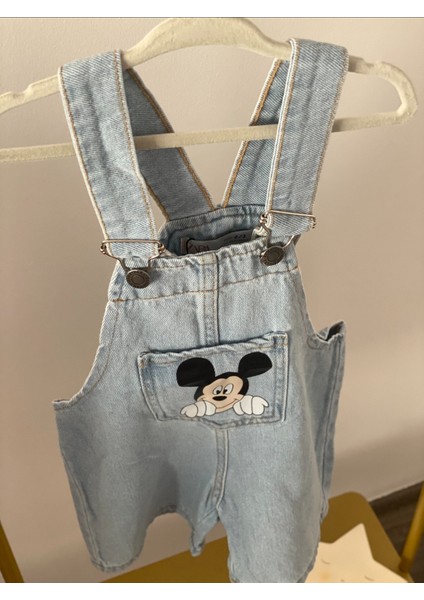 Mickey Baskılı Unisex Çocuk Kot Şort Tulum
