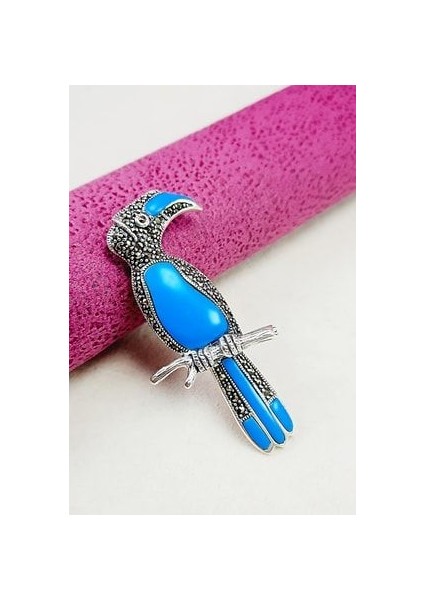 925 Ayar Gümüş Markazit Papağan Modeli Firuze Taşlı Broş