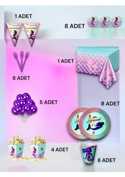8 Kişilik Deniz Kızı Temalı Lü x Set - Doğum Günü Parti ve Eğlenceli Etkinlikler