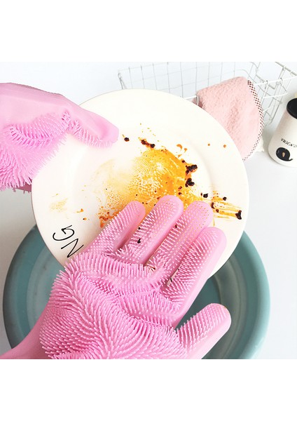 Pembe Tarzı Silikon Eldiven Mutfak Temizliği Bulaşık Yıkama Eldiveni Yumuşak Sünger Kauçuk Bulaşık Yıkama Araçları Mutfak Ev Aletleri 1 Çift (Yurt Dışından) modelleri