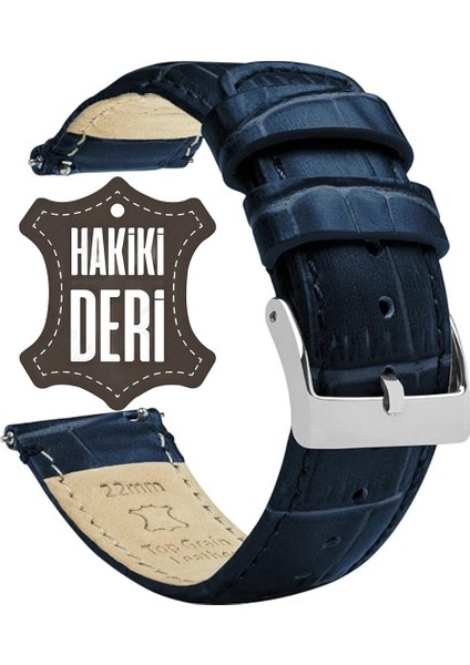 Düz Klasik & Desenli Lacivert Hakiki Tek Parça Deri Saat Kordonu Kayışı