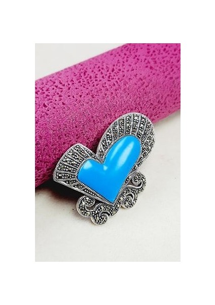 925 Ayar Gümüş Markazit Kalp Modeli Firuze Taşlı Broş