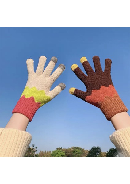 Dalga-Bej Sandık Stili Tüm Kodlar Kadınlar Için Sevimli Sıcak Kış Dış Mekan Bisiklet Eldivenleri Soğuk Kalın Kadife ile Kalınlaştırılmış Dokunmatik Ekran Çift Eldivenler (Yurt Dışından)