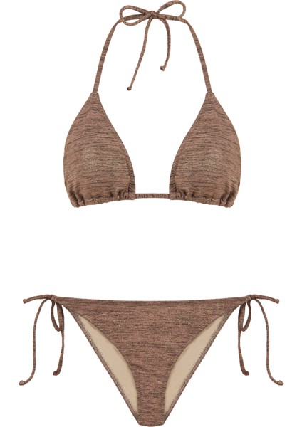 Dokulu Kahverengi Üçgen Bikini Takım