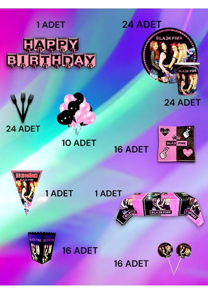 24 Kişilik Black Pink Temalı Ultra Lü x Set - Doğum Günü Parti ve Eğlenceli Etkinlikler