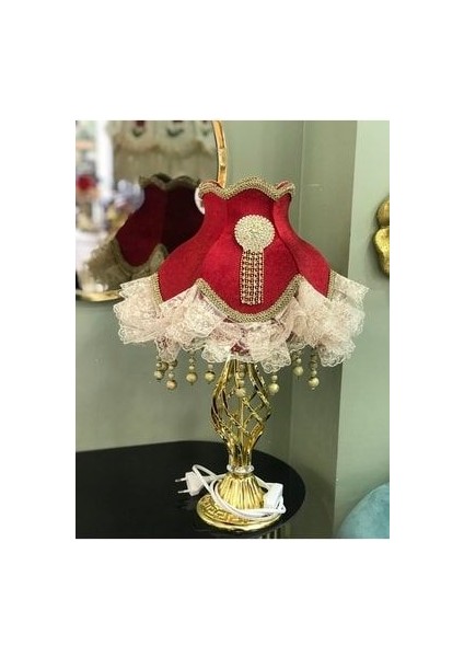 Kırmızı Dantel Detaylı Abajur Tekli