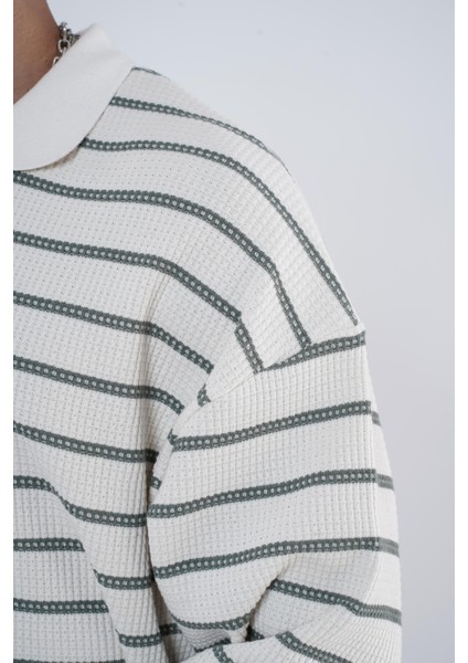 Polo Yaka Oversize Kalıp Çizgili Triko Kazak