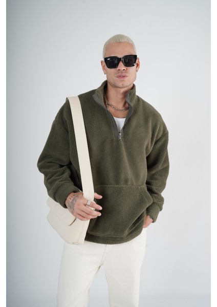 Yarım Fermuarlı Kanguru Cepli Unisex Oversize Kalıp Peluş