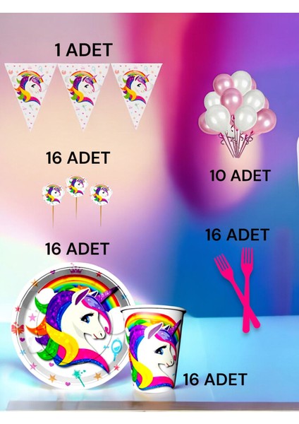 16 Kişilik Unicorn Temalı M Paket - Doğum Günü Parti ve Eğlenceli Etkinlikler