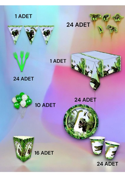 24 Kişilik Dinazor Temalı Lüx Set - Doğum Günü Parti ve Eğlenceli Etkinlikler