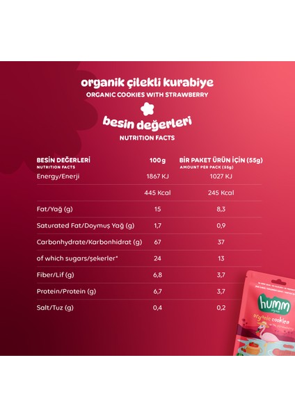 Organik Vegan Çilekli Kurabiye Atıştırmalık Paketi - 12 Adet