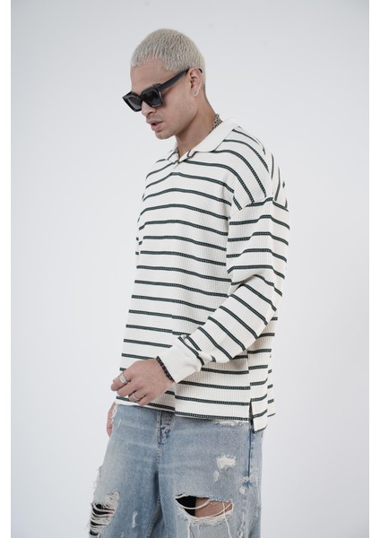 Polo Yaka Oversize Kalıp Çizgili Triko Kazak modelleri
