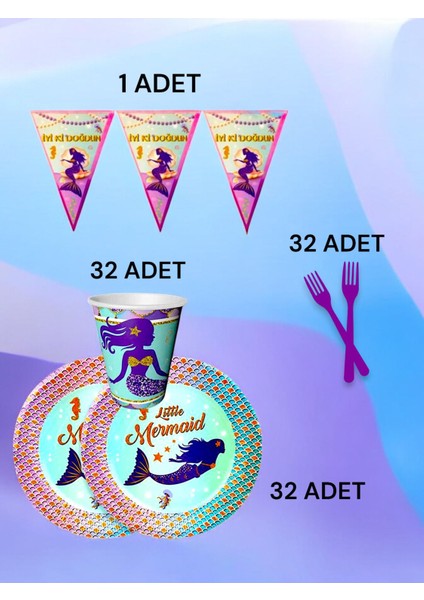 32 Kişilik Deniz Kızı Temalı S Paket - Doğum Günü Parti ve Eğlenceli Etkinlikler