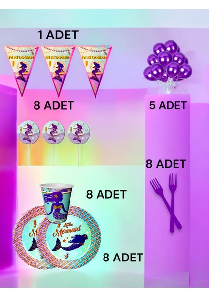 8 Kişilik Deniz Kızı Temalı M Paket - Doğum Günü Parti ve Eğlenceli Etkinlikler