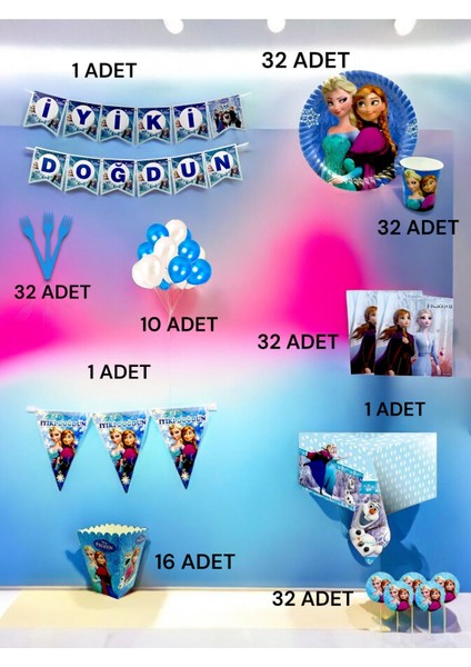 32 Kişilik Frozen Temalı Ultra Lü x Set - Doğum Günü Parti ve Eğlenceli Etkinlikler