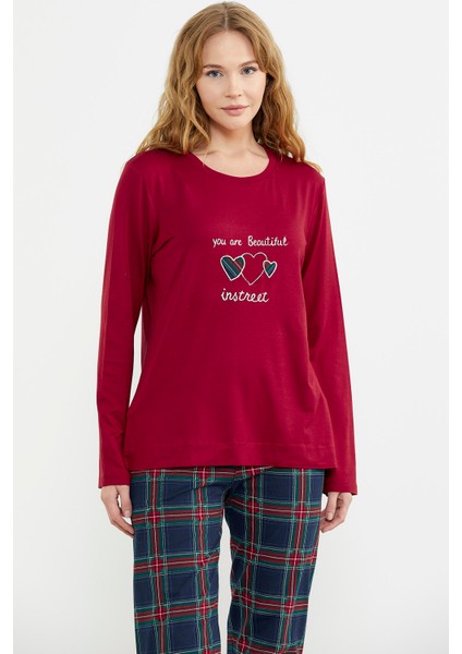 Nakış Detaylı Ekose Pijama Takım - Kırmızı