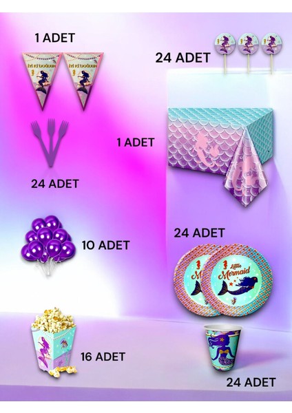 24 Kişilik Deniz Kızı Temalı Lü x Set - Doğum Günü Parti ve Eğlenceli Etkinlikler