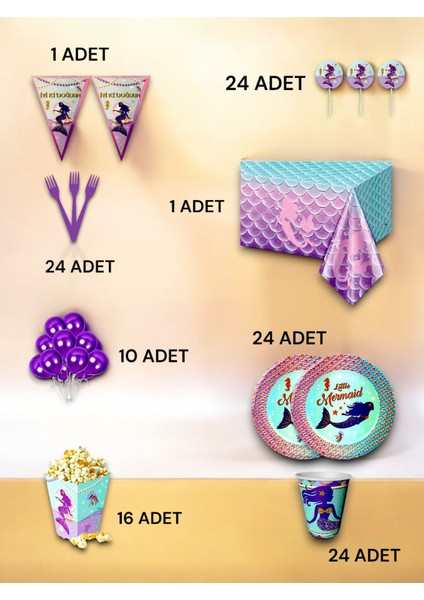 24 Kişilik Deniz Kızı Temalı Lü x Set - Doğum Günü Parti ve Eğlenceli Etkinlikler fiyatları