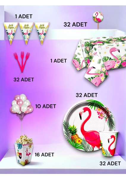 32 Kişilik Flamingo Temalı Lü x Set - Doğum Günü Parti ve Eğlenceli Etkinlikler
