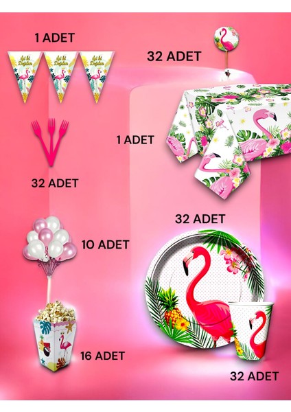 32 Kişilik Flamingo Temalı Lü x Set - Doğum Günü Parti ve Eğlenceli Etkinlikler fiyatları