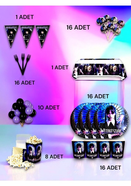 16 Kişilik Wednesday Temalı Lü x Set - Doğum Günü Parti ve Eğlenceli Etkinlikler