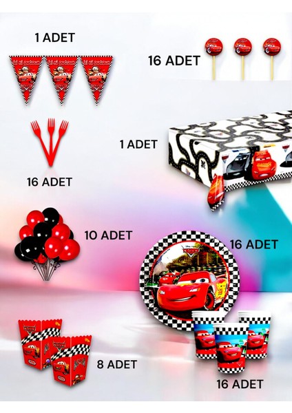 16 Kişilik Cars Temalı Lü x Set - Doğum Günü Parti ve Eğlenceli Etkinlikler
