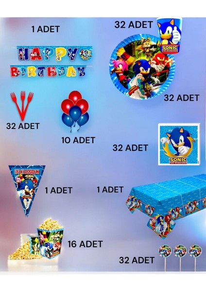32 Kişilik Sonic Temalı Ultra Lü x Set - Doğum Günü Parti ve Eğlenceli Etkinlikler