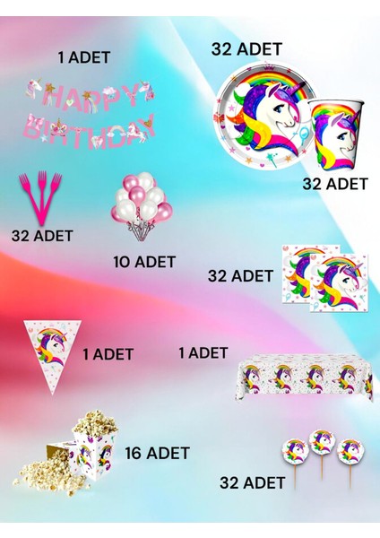 32 Kişilik Unicorn Temalı Ultra Lü x Set - Doğum Günü Parti ve Eğlenceli Etkinlikler