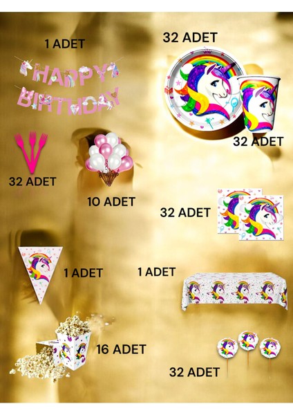 32 Kişilik Unicorn Temalı Ultra Lü x Set - Doğum Günü Parti ve Eğlenceli Etkinlikler fiyatları
