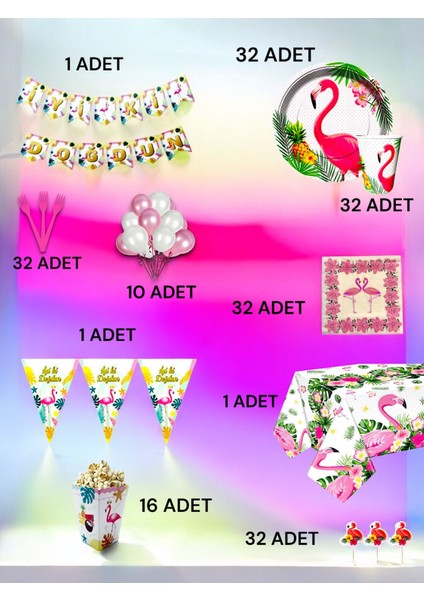 32 Kişilik Flamingo Temalı Ultra Lü x Set - Doğum Günü Parti ve Eğlenceli Etkinlikler