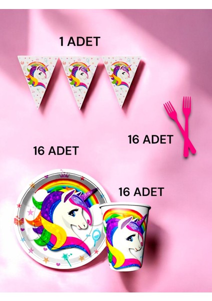 16 Kişilik Unicorn Temalı S Paket - Doğum Günü Parti ve Eğlenceli Etkinlikler