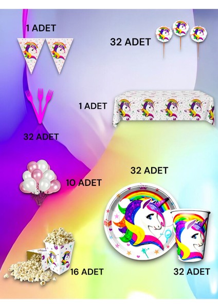 32 Kişilik Unicorn Temalı Lü x Set - Doğum Günü Parti ve Eğlenceli Etkinlikler