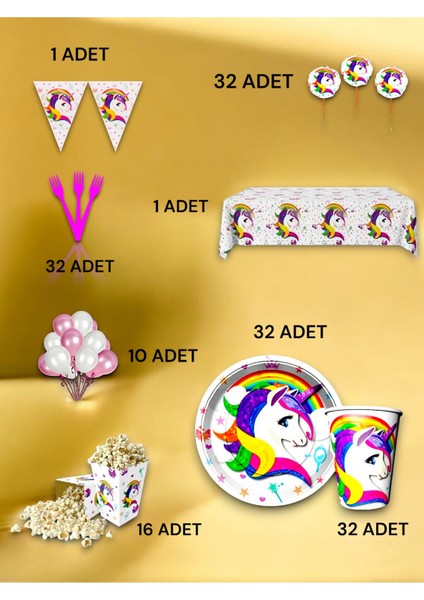 32 Kişilik Unicorn Temalı Lü x Set - Doğum Günü Parti ve Eğlenceli Etkinlikler fiyatları