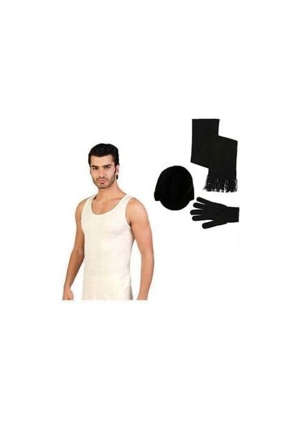 Erkek Yün Atlet Içlik - Siyah Atkı+Bere+Eldiven Set