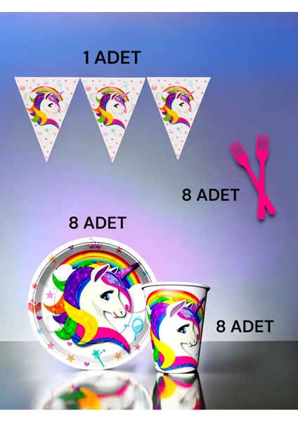 8 Kişilik Unicorn Temalı S Paket - Doğum Günü Parti ve Eğlenceli Etkinlikler