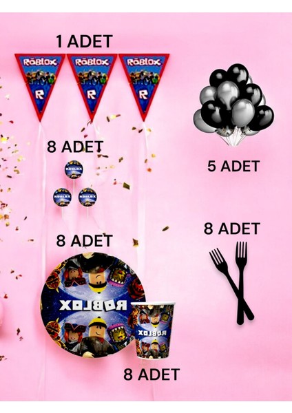 8 Kişilik Roblox Temalı M Paket - Doğum Günü Parti ve Eğlenceli Etkinlikler