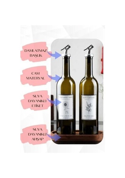 Ahşap Stantlı Amber 2'li 750 ml Zeytinyağı Sıvıyağ Şişesi Yağdanlık Yağlık Cam Şişe