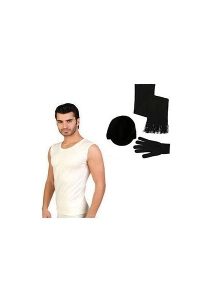 Erkek Yün Sıfır Kol Içlik - Siyah Atkı+Bere+Eldiven Set