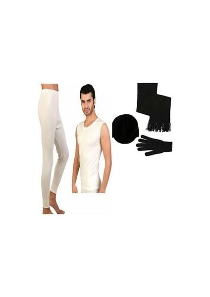 Erkek Yün Sıfır Kol ve Alt Içlik Takım - Siyah Atkı+Bere+Eldiven Set