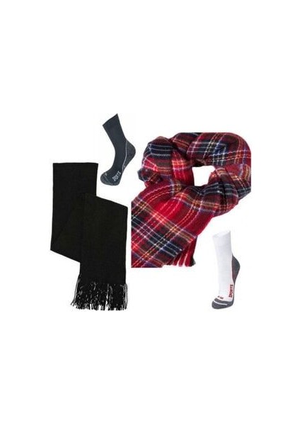 Kadın Kırmızı Ekoseli Atkı-Bay Siyah Triko Atkı-2 Adet Gabriel Najdorf Trekking Termal Çorap Set