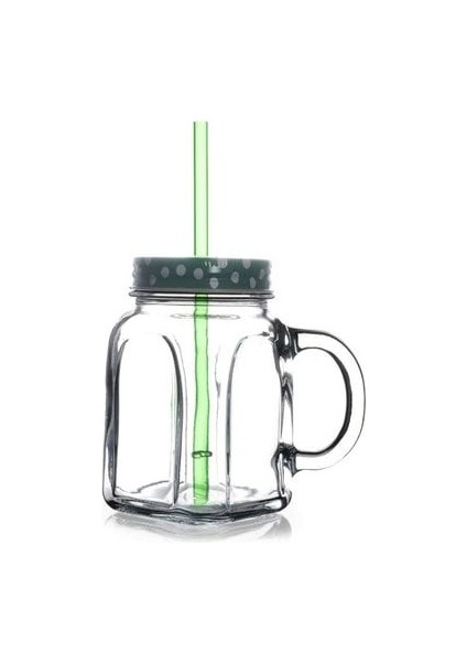 Yeşil Metal Kapaklı Pipetli Kulplu Kavanoz Bardak 450 ml fırsatları