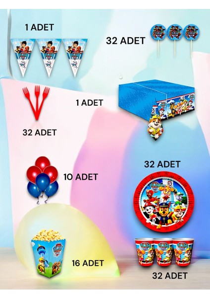 32 Kişilik Paw Patrol Temalı Lü x Set - Doğum Günü Parti ve Eğlenceli Etkinlikler