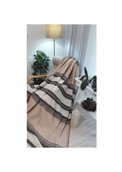 4 Mevsim Pamuklu Battaniye Çift Kişilik 180*220CM Balkon Tv Battaniyesi Kahverengi Çizgili