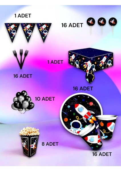 16 Kişilik Uzay Temalı Lü x Set - Doğum Günü Parti ve Eğlenceli Etkinlikler