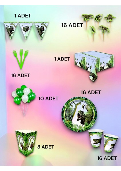 16 Kişilik Jurassic Temalı Lüx Set - Doğum Günü Parti ve Eğlenceli Etkinlikler