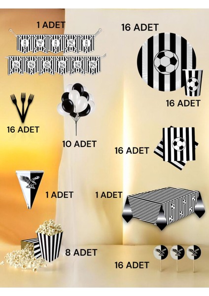 16 Kişilik Siyah Beyaz Taraftar Ultra Lü x Set - Doğum Günü Parti ve Eğlenceli Etkinlikler