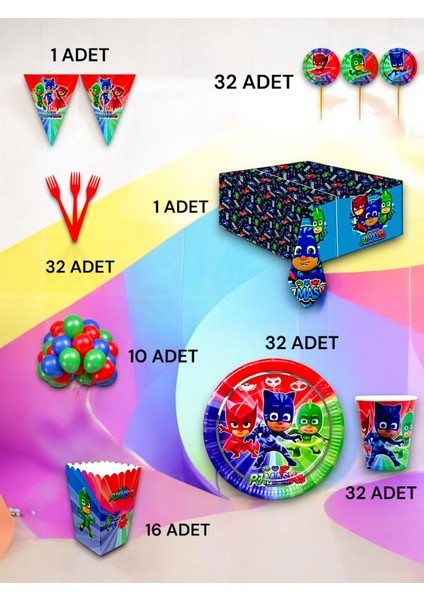32 Kişilik Pijamask Temalı Lü x Set - Doğum Günü Parti ve Eğlenceli Etkinlikler
