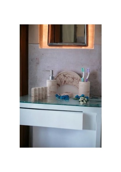 Bej Hilal Tepsili Banyo Seti ,sıvı Sabunluk Diş Fırçalığı Beton Aksesuar Takımı