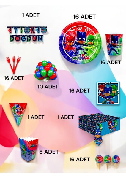 16 Kişilik Pijamask Temalı Ultra Lü x Set - Doğum Günü Parti ve Eğlenceli Etkinlikler