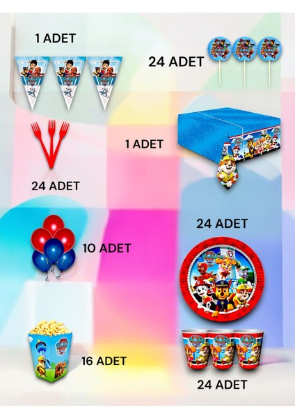 24 Kişilik Paw Patrol Temalı Lü x Set - Doğum Günü Parti ve Eğlenceli Etkinlikler